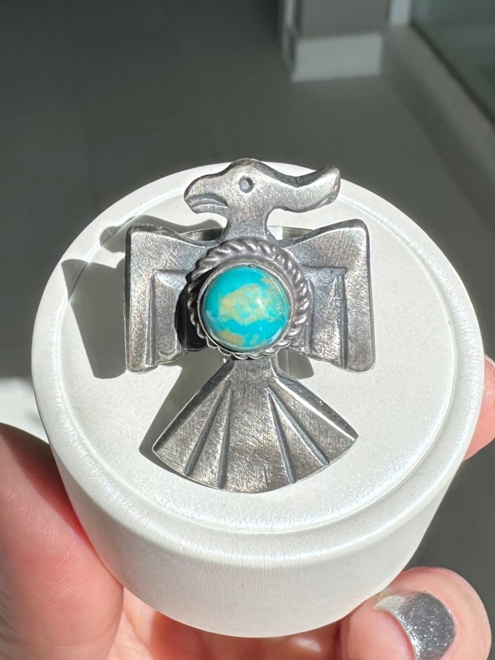 Signed Chimney Butte Turquoise 925 Silver Thunderbird Ring 18g Sz 6
